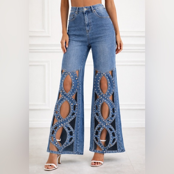 Denim - J39. Wide-Leg Jeans with Cutout Rhinestone Design